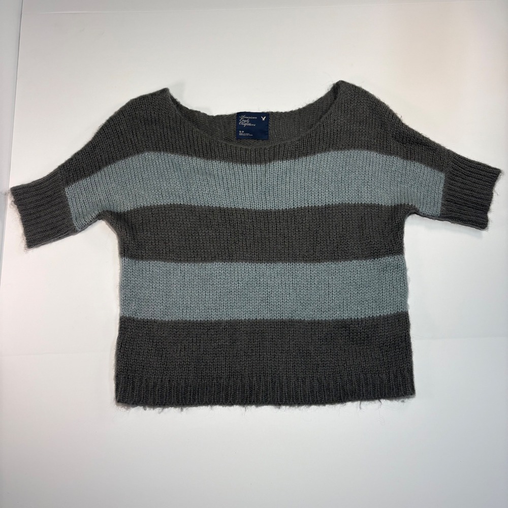 American Eagle Striped Mohair Wool Blend Sweater Gray Blue‎ Short Sleeve Small